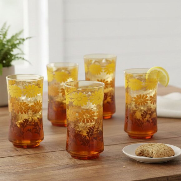 Vintage Libbey Amber Glass Daisy Drinking Glasses Cups 70s Yellow Brown x 5 - Picture 3 of 11